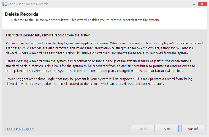 People Inc HR system tool allowing deletion of records, tool display introduction text and instructions