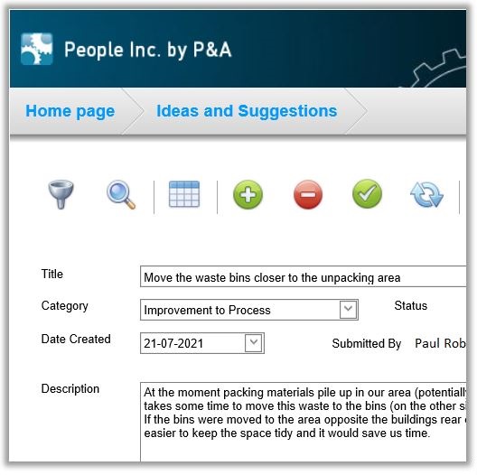 A custom Ideas and Suggestions form published using the People Inc. employee Self-Service module