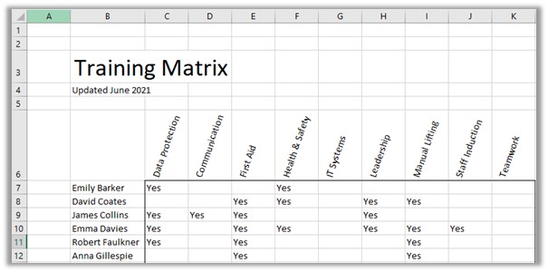 simple example of a training matrix in Excel
