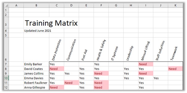An Excel based training matrix showing training needs