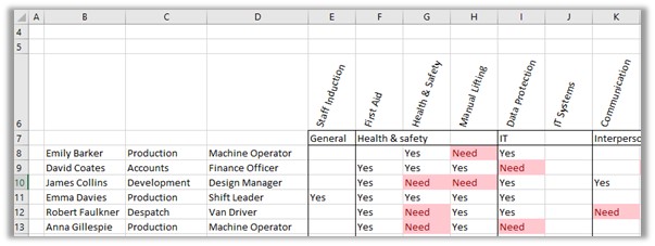 A training matrix showing additional information within Excel