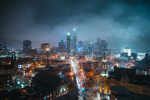 A city centre lit up in a storm