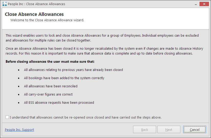 First page of the People Inc Close Absence Allowances wizard showing introduction text with detailed instructions