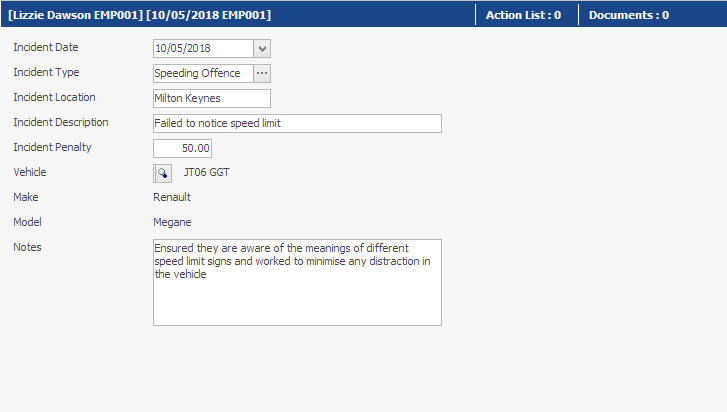 People Inc hr system screen for driving incidents displaying the details of a speeding offence