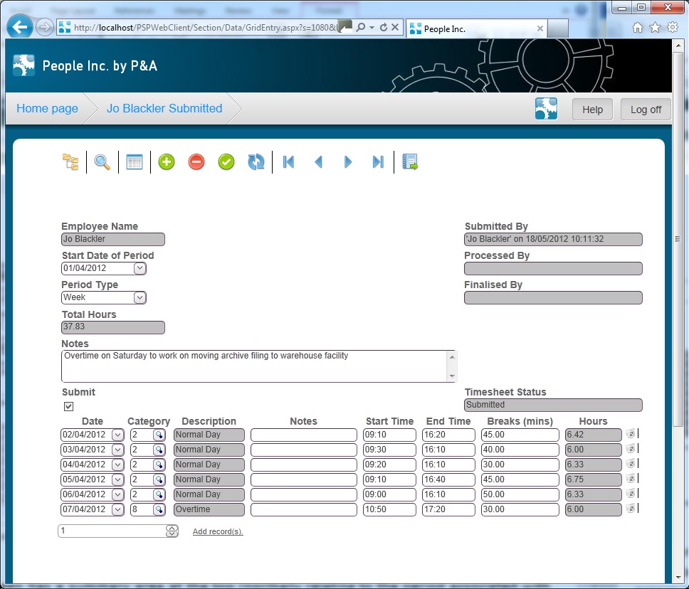 People Inc employee self service page showing an employee timesheet grid for a selectable period with dates, start and end time, breaks, description and notes