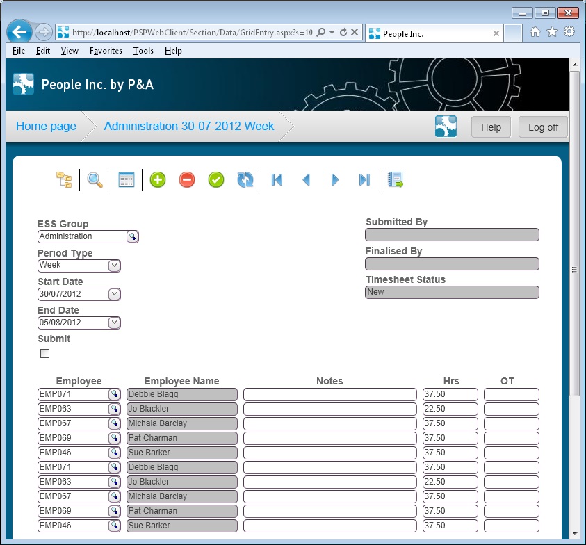 People Inc Employee self service web page showing a grid of employees, hours worked and overtime for a selectable period
