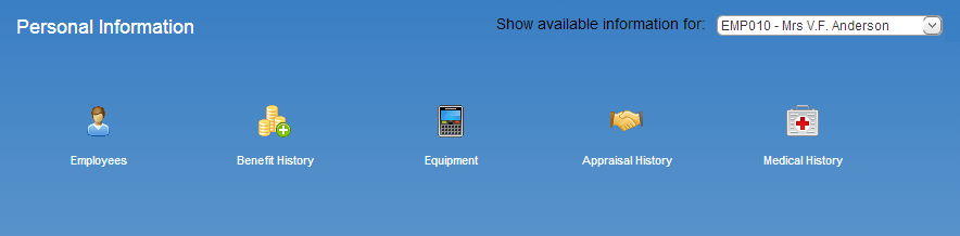 Customised employee self service panel showing icons related to personal information with blue background