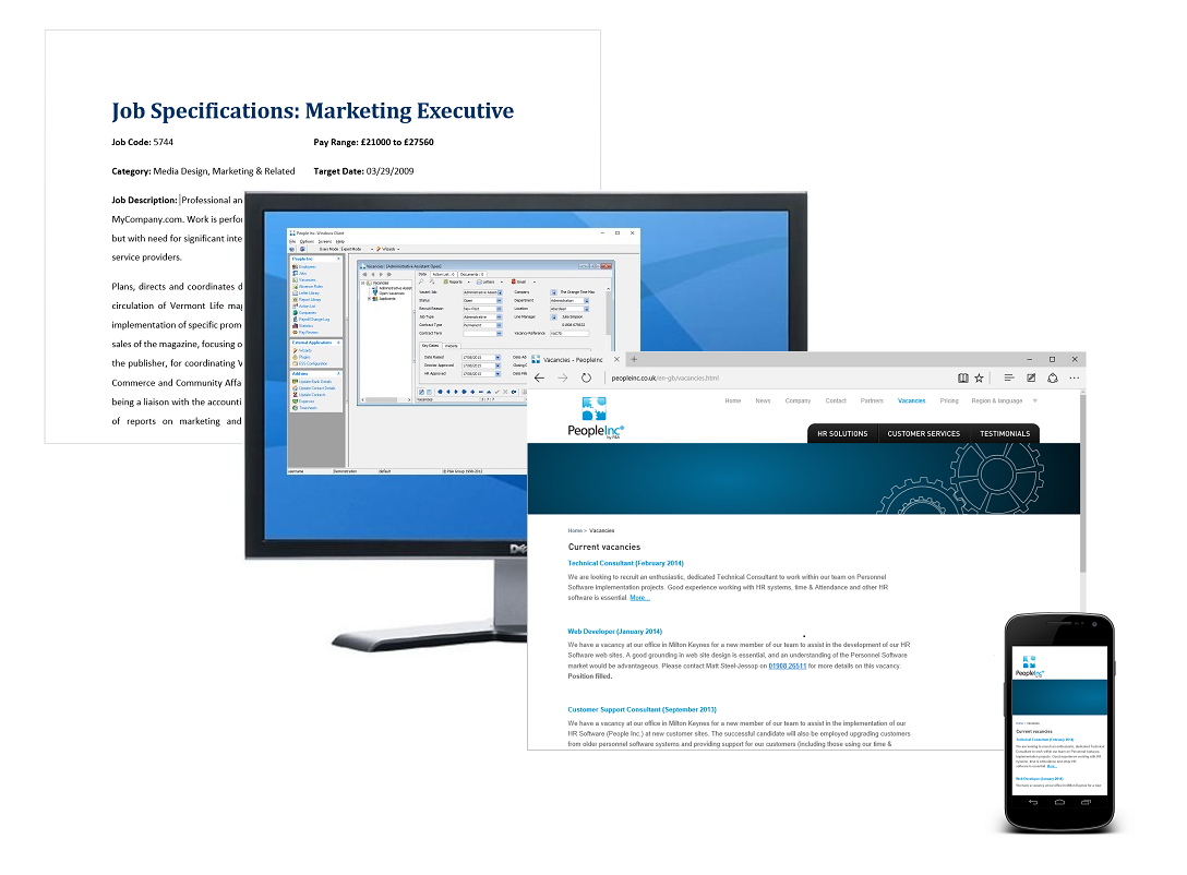 Stacked images showing job specification, vacancy details entered into the People Inc HR system on a desktop pc, a webpage listing of vacancy and associated details and a mobile device showing the same listing