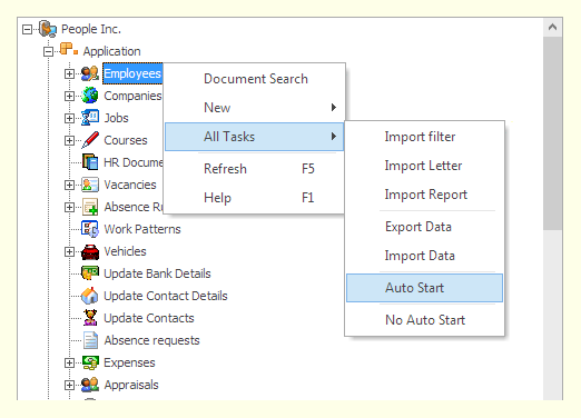 People Inc. tree of data screens with popup menu open showing various options with Auto Start selected 