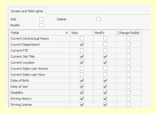 Security options available for fields in a data screen of the People Inc HR system
