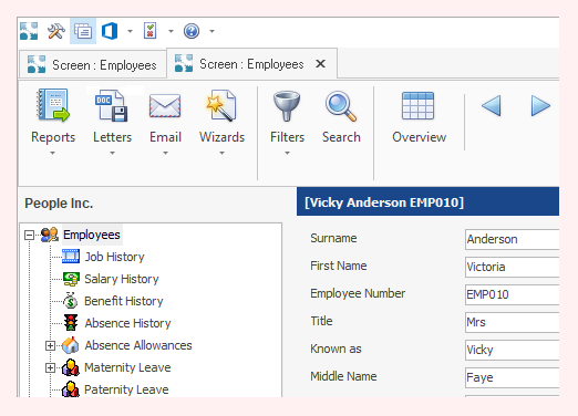 Corner view of People Inc HR system Windows client showing multiple screens opened in tabs