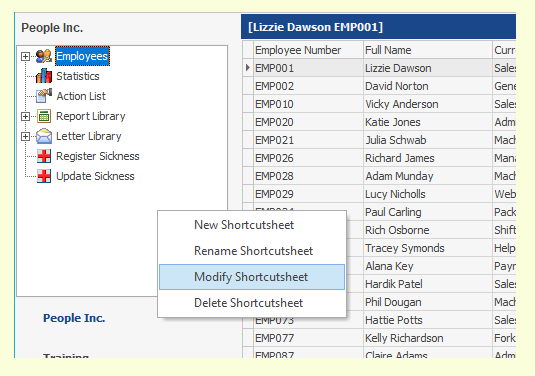 People Inc HR system showing a popup menu allowing the customisation of shortcuts