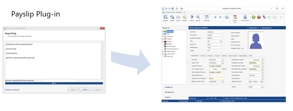 People Inc Payslip tool on left with People Inc HR system on the right, and arrow indicates imported payslips are added to the system