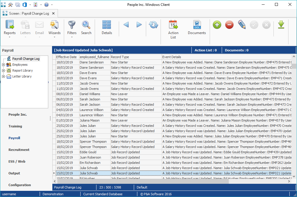 People Inc hr system screen listing details of address and employment details changes