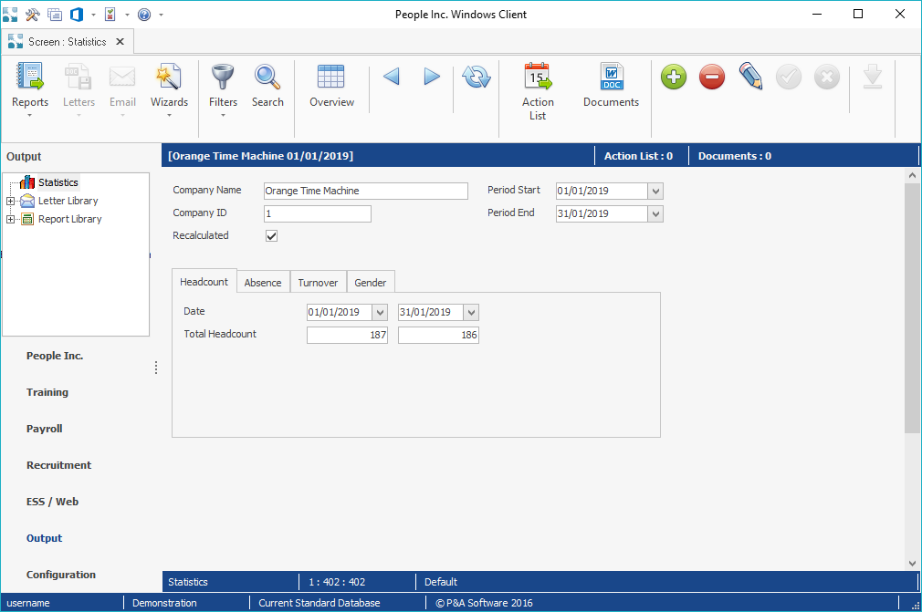 People Inc hr system screen displaying headcount totals and tabs for other statistics