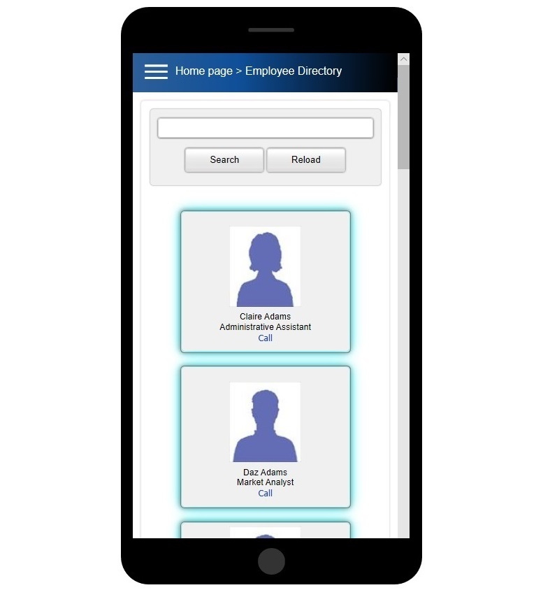 People Inc Employee self service directory web page displayed on a mobile device showing a grid of employees with contact details and colour coded availability