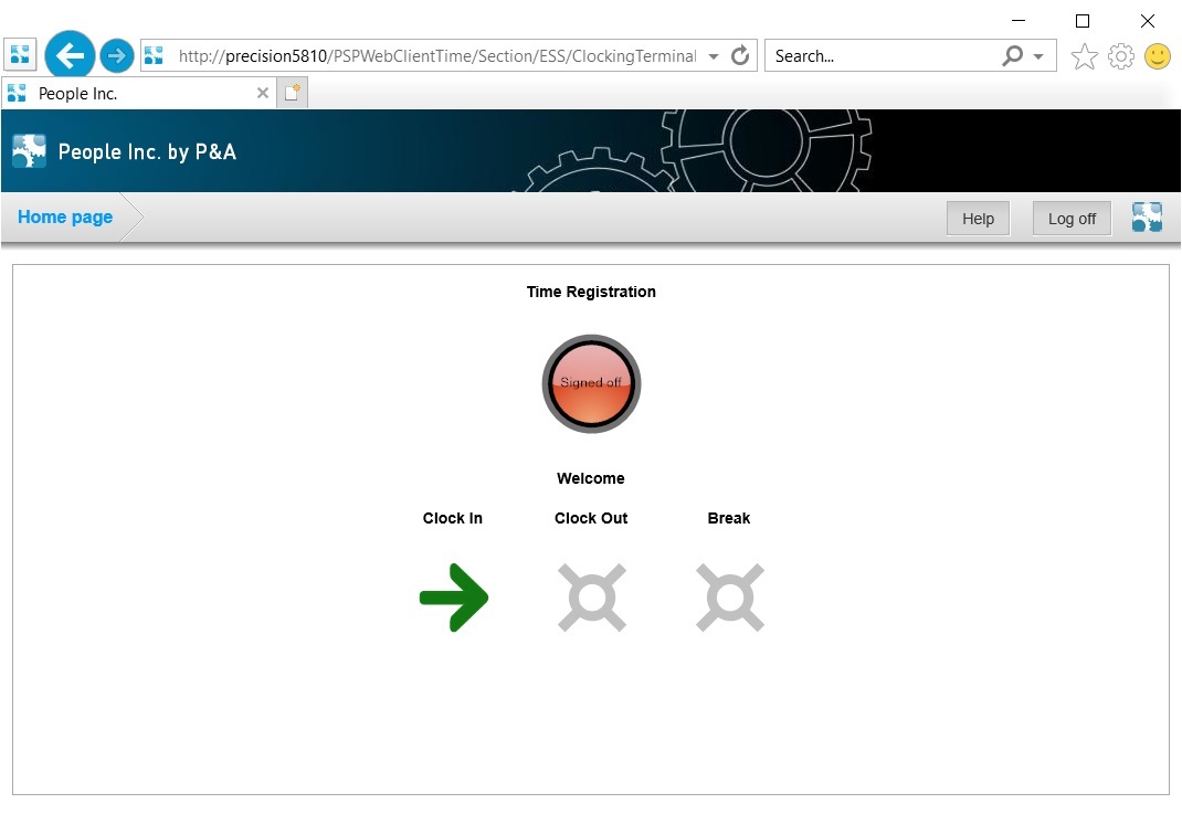 People Inc employee self service page show time registration page with status indicator and function buttons to clock in, out and break for lunch