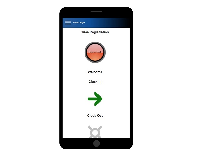 Mobile phone display showing software time and attendance web page displaying current status with clock in and clock out buttons