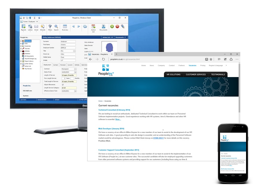 Layered images showing People Inc HR software running on a desktop pc, web page and mobile device