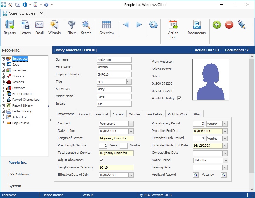 People Inc HR system version 3.6 from 2016 showing employee record and listing of available data screens