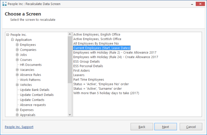 People Inc HR recalculate data screen tool with left handing column of system screens and right hand panel of available record filters