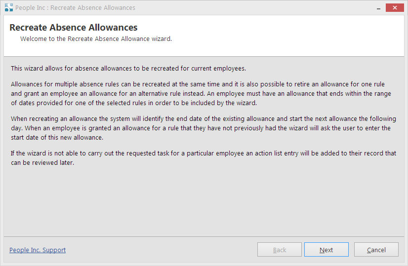 First page of the People Inc Recreate Absence Allowances wizard showing introduction text with detailed instructions