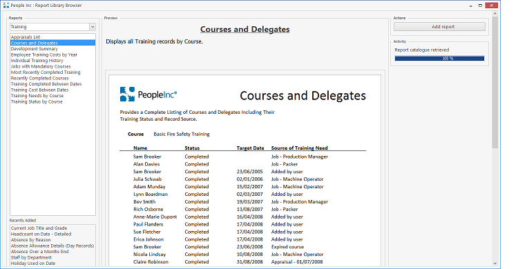 Tool integrated into the People Inc HR system showing a listing of available reports, an image and description of the selected report and a function button to download and add report to the system