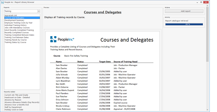 Tool integrated into the People Inc HR system showing a listing of available reports, an image and description of the selected report  and a function button to download and add report to the system