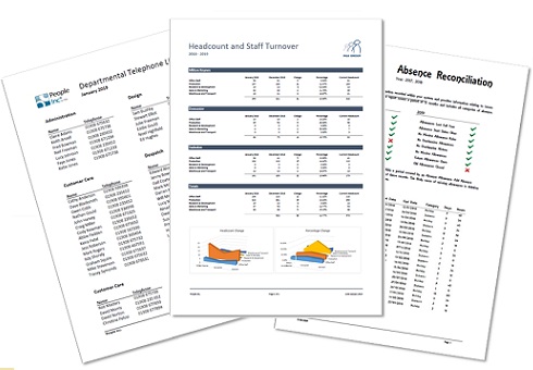 Fan of three reports generated by the People Inc HR system showing charts, tables and other layout choices for a range of HR topics