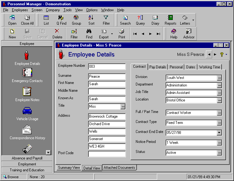 Vizual Personnel Manager application main screen with employee details open, this system can be upgraded to People Inc