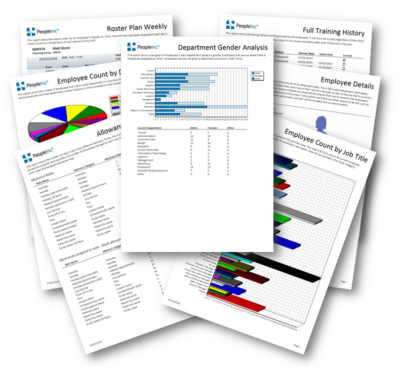 Stacked A4 reports generated by the People Inc HR system showing a variety of charts, graphs, tables and other possible designs for a variety of hr topics