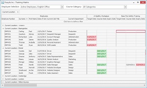 Integrated People Inc Windows client Training Matrix tool showing colour coded training needs, employee and course details and key dates